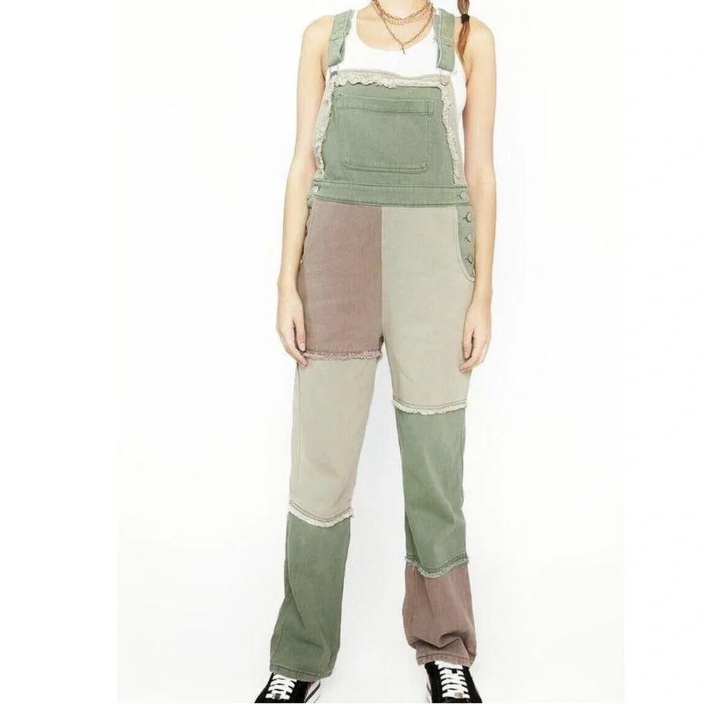 Blue Blush Green & Taupe Patchwork Overalls Jumpsuit